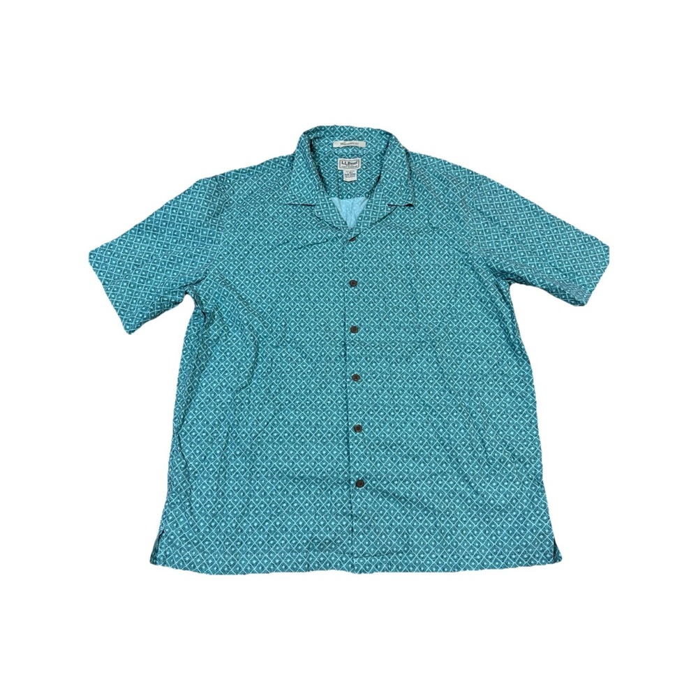 L.L. Bean Button Down Shirt Mens‎ L Teal Blue Excellent Cotton Geometric Camp